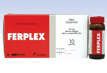 FERPLEX 40 MG ORAL COZELTI ürün ambalajı, çözelti formunda ferric proteinsuccinylate içerir. Üretici: ABDİ İBRAHİM İLAÇ SANAYİ VE TİCARET A.Ş.