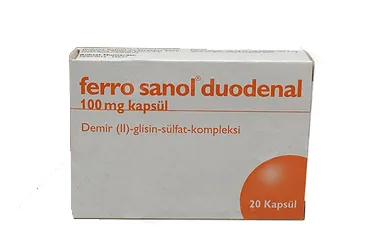FERRO SANOL DUODENAL 100 MG KAPSUL ürün ambalajı, kapsül formunda ferrous glycine sulfate içerir. Üretici: ADEKA İLAÇ SANAYİ VE TİCARET A.Ş.