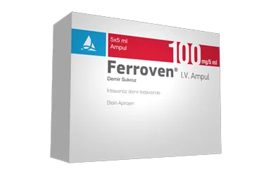 FERROVEN 100 MG / 5 ML IV ENJEKSIYONLUK COZELTI (5 AMPUL) kutu fotoğrafı. Demir iii hidroksit sükroz içeren çözelti. Üretici: SANTA FARMA İLAÇ SAN. A.Ş.