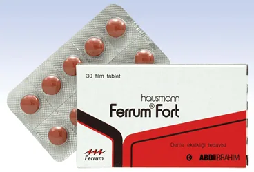 FERRUM HAUSMAN FORT 100 MG / 0.35 MG 30 FILM TABLET ambalajı, film kaplı tablet formunda demir iii hidroksit + folik asit içerir. Üretici: ABDİ İBRAHİM İLAÇ SANAYİ VE TİCARET A.Ş.