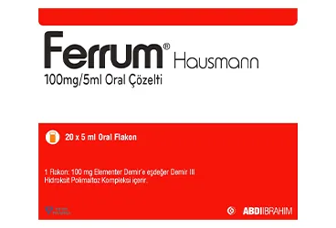 FERRUM HAUSMANN 100 MG/5ML ORAL COZELTI ambalajı. Demir iii hidroksit içeren çözelti. Üretici: ABDİ İBRAHİM İLAÇ SANAYİ VE TİCARET A.Ş.