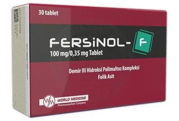 Demir iii hidroksit içeren tablet: FERSINOL-F 100 MG/0,35 MG TABLET ürün ambalajı. Üretici: WORLD MEDICINE İLAÇ SAN. VE TİC. A.Ş.
