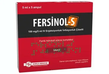 Demir iii hidroksit içeren çözelti: FERSINOL-S 100 MG/5 ML IV ENJEKSIYONLUK/ INFUZYONLUK ÇOZELTI ambalajı. Üretici: WORLD MEDICINE İLAÇ SAN. VE TİC. A.Ş.