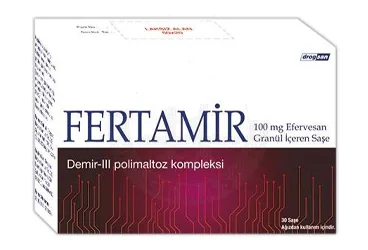 FERTAMIR 100 MG EFERVESAN GRANUL ICEREN SASE (demir iii hidroksit) kutu fotoğrafı, efervesan tablet. Üretici: DROGSAN İLAÇLARI SAN. VE TİC. A.Ş.
