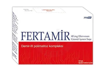 FERTAMIR 40 MG EFERVESAN GRANUL ICEREN SASE (demir iii hidroksit) kutusu, efervesan tablet. Üretici: DROGSAN İLAÇLARI SAN. VE TİC. A.Ş.