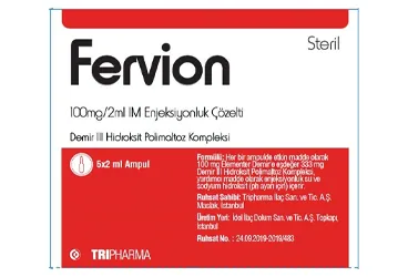 Demir iii hidroksit içeren çözelti: FERVION 100MG/2ML IM ENJEKSIYONLUK COZELTI (2 ML) kutu fotoğrafı. Üretici: TRIPHARMA İLAÇ SANAYİ VE TİCARET A.Ş.