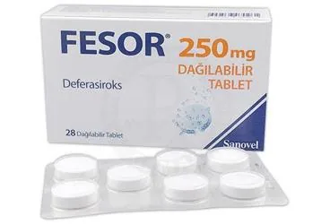 FESOR 250 MG DAGILABILIR TABLET (28 TABLET) ambalajı, tablet formunda deferasiroks içerir. Üretici: SANOVEL İLAÇ SANAYİ VE TİCARET ANONİM ŞİRKETİ.