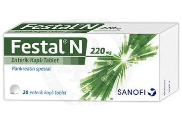 Pankreatin karışımları içeren tablet: FESTAL N 220 MG ENTERIK KAPLI TABLET (20 TABLET) ambalajı. Üretici: OPELLA HEALTHCARE TÜKETİCİ SAĞLIĞI ANONİM ŞİRKETİ.