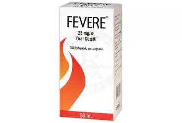 FEVERE 25 MG/ML ORAL COZELTI ürün ambalajı. Diklofenak -topikal içeren çözelti. Üretici: GENSU PHARMA İLAÇ SANAYİ VE TİCARET A.Ş.