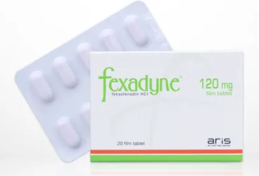 FEXADYNE 120 MG FILM TABLET ürün ambalajı. Feksofenadin hidroklorid içeren film kaplı tablet. Üretici: ALİ RAİF İLAÇ SANAYİ A.Ş.