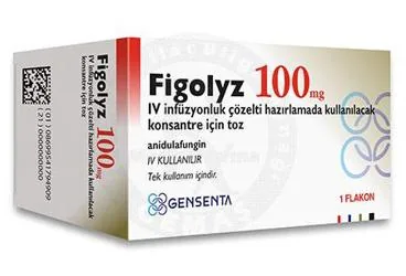 FIGOLYZ 100 MG IV INFUZYONLUK COZELTI HAZIRLAMADA KULLANILACAK KONSANTRE ICIN TOZ kutu fotoğrafı, çözelti formunda anidulafungin içerir. Üretici: GENSENTA İLAÇ SANAYİ VE TİCARET ANONİM ŞİRKETİ.