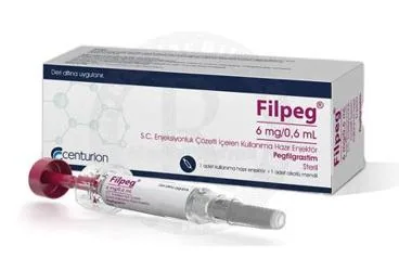 FILPEG 6 MG/0,6 ML S.C. ENJEKSIYONLUK COZELTI ICEREN KULLANIMA HAZIR ENJEKTOR (1 ADET) ambalajı, çözelti formunda pegfilgrastim içerir. Üretici: CENTURİON İLAÇ SANAYİ VE TİCARET ANONİM ŞİRKETİ.