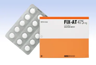 FIX-AT 475 MG 180 FILM TABLET ürün ambalajı, film kaplı tablet formunda kalsiyum asetat içerir. Üretici: ABDİ İBRAHİM İLAÇ SANAYİ VE TİCARET A.Ş.