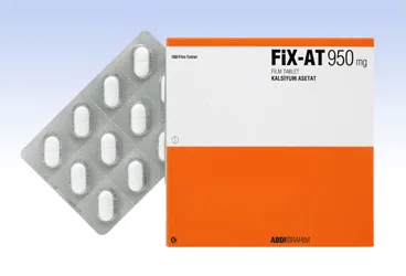 FIX-AT 950 MG 180 FILM TABLET ambalajı, film kaplı tablet formunda kalsiyum asetat içerir. Üretici: ABDİ İBRAHİM İLAÇ SANAYİ VE TİCARET A.Ş.