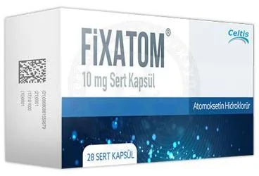 Atomoksetin hcl içeren kapsül: FIXATOM 10 MG SERT KAPSUL (28 KAPSUL) kutusu. Üretici: CELTİS İLAÇ SANAYİ VE TİCARET ANONİM ŞİRKETİ.