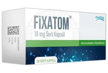 FIXATOM 18 MG SERT KAPSUL (28 KAPSUL) kutusu. Atomoksetin hcl içeren kapsül. Üretici: CELTİS İLAÇ SANAYİ VE TİCARET ANONİM ŞİRKETİ.