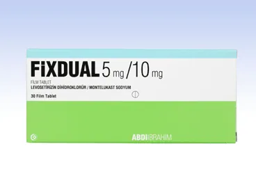 Levosetirizin + montelukast içeren film kaplı tablet: FIXDUAL 5 MG/10 MG 30 FILM KAPLI TABLET kutu fotoğrafı. Üretici: ABDİ İBRAHİM İLAÇ SANAYİ VE TİCARET A.Ş.
