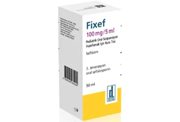 FIXEF 100 MG/5 ML PEDIATRIK ORAL SUSPANSIYON HAZIRLAMAK ICIN KURU TOZ (50 ML) (sefiksim) ambalajı, oral süspansiyon. Üretici: DEVA HOLDİNG ANONİM ŞİRKETİ.