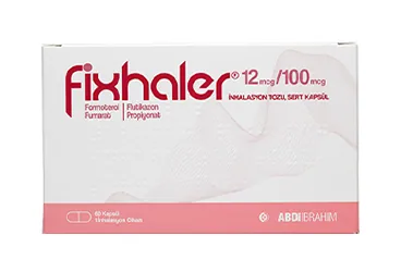 Formoterol + flutikazon içeren inhalasyon aerosolü: FIXHALER 12 MCG/100 MCG INHALASYON TOZU, SERT KAPSUL (60 KAPSUL) kutu fotoğrafı. Üretici: ABDİ İBRAHİM İLAÇ SANAYİ VE TİCARET A.Ş.