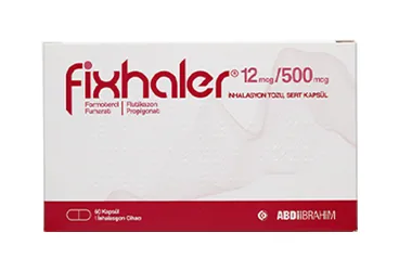 FIXHALER 12 MCG/500 MCG INHALASYON TOZU, SERT KAPSUL (60 KAPSUL) (formoterol + flutikazon) kutu fotoğrafı, inhalasyon aerosolü. Üretici: ABDİ İBRAHİM İLAÇ SANAYİ VE TİCARET A.Ş.