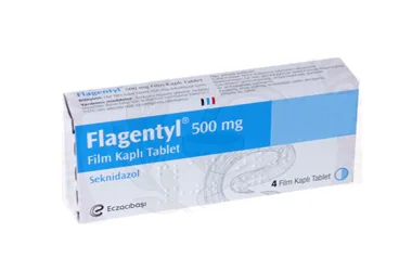 Seknidazol içeren film kaplı tablet: FLAGENTYL 500 MG 4 FİLM TABLET ürün ambalajı. Üretici: EİP ECZACIBAŞI İLAÇ PAZARLAMA A.Ş.