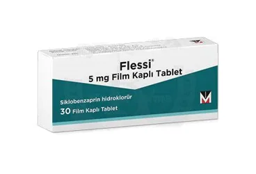 FLESSI 5 MG FILM KAPLI TABLET (30 TABLET) kutusu, film kaplı tablet formunda siklobenzaprin içerir. Üretici: MENARİNİ İLAÇ SANAYİ VE TİCARET A.Ş.