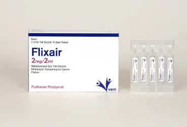 FLIXAIR 2 MG/2 ML NEBULIZASYON ICIN TEK DOZLUK INHALASYON SUSPANSIYONU ICEREN FLAKON (10 FLAKON) ürün ambalajı. Flutikazon -inhalant içeren inhalasyon aerosolü. Üretici: VEM İLAÇ SAN. VE TİC. ANONİM ŞİRKETİ.