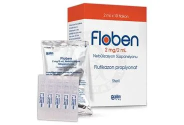 FLOBEN 2 MG/2 ML NEBULIZASYON SUSPANSIYONU kutusu, süspansiyon formunda flutikazon -inhalant içerir. Üretici: BİLİM İLAÇ SANAYİİ VE TİCARET A.Ş.