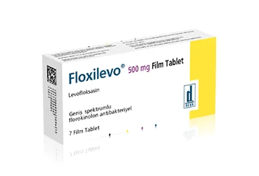 FLOXILEVO 500 MG 7 FİLM TABLET kutusu, film kaplı tablet formunda levofloksasin içerir. Üretici: DEVA HOLDİNG ANONİM ŞİRKETİ.