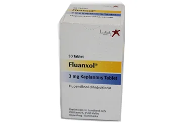 Flupentiksol içeren film kaplı tablet: FLUANXOL 3 MG 50 FILM KAPLI TABLET kutusu. Üretici: LUNDBECK İLAÇ TİC. LTD. ŞTİ.