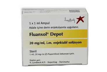 Flupentiksol içeren ampul: FLUANXOL DEPOT 20MG/ML 1 AMPUL kutu fotoğrafı. Üretici: LUNDBECK İLAÇ TİC. LTD. ŞTİ.