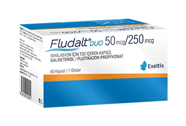 FLUDALT DUO 50 MCG/250 MCG INHALASYON ICIN TOZ ICEREN KAPSUL (60 KAPSUL) (salmeterol + flutikazon) ürün ambalajı, inhalasyon aerosolü. Üretici: ARIMED İLAÇ SAN. VE TİC. A.Ş.