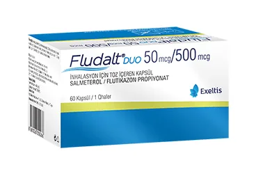 FLUDALT DUO 50 MCG/500 MCG INHALASYON ICIN TOZ ICEREN KAPSUL (60 KAPSUL) ambalajı. Salmeterol + flutikazon içeren inhalasyon aerosolü. Üretici: ARIMED İLAÇ SAN. VE TİC. A.Ş.