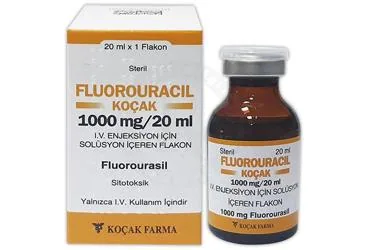 FLUOROURACIL KOCAK 1000 MG/20 ML IV ENJEKSIYON ICIN SOLUSYON ICEREN FLAKON ambalajı. Fluorourasil içeren flakon. Üretici: KOÇAK FARMA İLAÇ VE KİMYA SANAYİ A.Ş.
