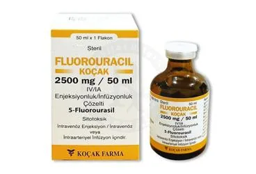 FLUOROURACIL-KOCAK 2500 MG/50 ML IV/IA ENJEKSIYONLUK/INFUZYONLUK COZELTI ambalajı. Fluorourasil içeren çözelti. Üretici: KOÇAK FARMA İLAÇ VE KİMYA SANAYİ A.Ş.