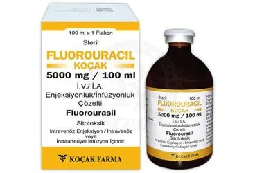 Fluorourasil içeren çözelti: FLUOROURACIL-KOCAK 5000 MG / 100 ML IV / IA ENJEKSIYONLUK / INFUZYONLUK COZELTI (1 FLAKON) ürün ambalajı. Üretici: KOÇAK FARMA İLAÇ VE KİMYA SANAYİ A.Ş.