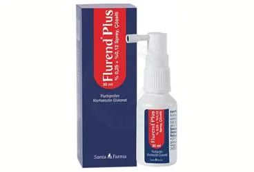 Flurbiprofen +  klorheksidin içeren çözelti: FLUREND PLUS % 0,25 + % 0,12 SPREY, COZELTI (30 ML) kutu fotoğrafı. Üretici: SANTA FARMA İLAÇ SAN. A.Ş.