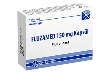 FLUZAMED 150 MG 12 KAPSUL kutu fotoğrafı, kapsül formunda flukonazol içerir. Üretici: WORLD MEDICINE İLAÇ SAN. VE TİC. A.Ş.