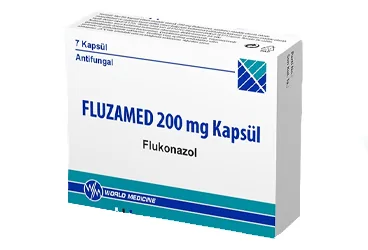 Flukonazol içeren kapsül: FLUZAMED 200 MG 7 KAPSUL kutusu. Üretici: WORLD MEDICINE İLAÇ SAN. VE TİC. A.Ş.