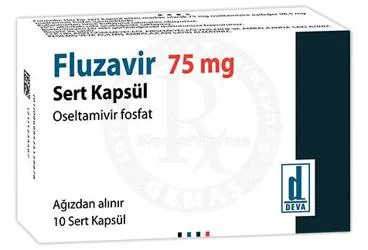 Oseltamivir fosfat içeren kapsül: FLUZAVIR 75 MG SERT KAPSUL (10 KAPSUL) kutu fotoğrafı. Üretici: DEVA HOLDİNG ANONİM ŞİRKETİ.