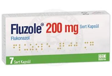 Flukonazol içeren kapsül: FLUZOLE 200 MG SERT KAPSUL (7 KAPSUL) kutusu. Üretici: BİOFARMA İLAÇ SANAYİ VE TİCARET A.Ş.