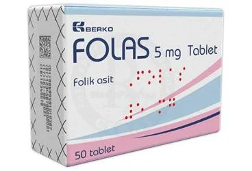 FOLAS 5 MG TABLET (50 ADET) kutusu. Vitamin b9 -folik asit içeren tablet. Üretici: BERKO İLAÇ VE KİMYA SAN. A.Ş.