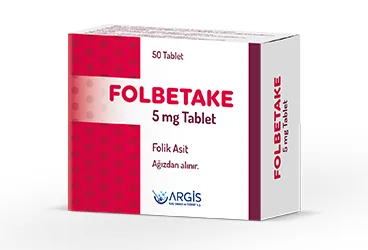 FOLBETAKE 5 MG 50 TABLET ürün ambalajı, tablet formunda vitamin b9 -folik asit içerir. Üretici: ARGİS İLAÇ SANAYİ VE TİCARET ANONİM ŞİRKETİ.