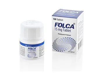 FOLCA 15 MG 100 TABLET kutusu. Kalsiyum folinat içeren tablet. Üretici: ATABAY KİMYA SANAYİ VE TİC. A.Ş.