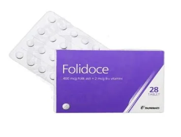 FOLIDOCE 400 MCG/2 MCG 28 TABLET ürün ambalajı, tablet formunda vitamin b12 + folik asit içerir. Üretici: ITF İLAÇ SANAYİ VE TİCARET LİMİTED ŞİRKETİ.