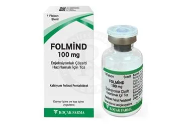 FOLMIND 100 MG ENJEKSIYONLUK COZELTI HAZIRLAMAK ICIN TOZ ürün ambalajı, çözelti formunda kalsiyum folinat içerir. Üretici: KOÇAK FARMA İLAÇ VE KİMYA SANAYİ A.Ş.