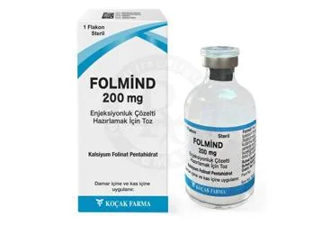 FOLMIND 200 MG ENJEKSIYONLUK COZELTI HAZIRLAMAK ICIN TOZ ürün ambalajı, çözelti formunda kalsiyum folinat içerir. Üretici: KOÇAK FARMA İLAÇ VE KİMYA SANAYİ A.Ş.