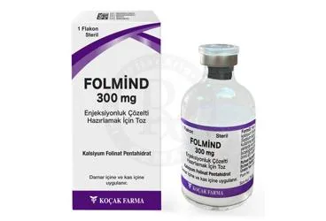 Kalsiyum folinat içeren çözelti: FOLMIND 300 MG ENJEKSIYONLUK COZELTI HAZIRLAMAK ICIN TOZ ürün ambalajı. Üretici: KOÇAK FARMA İLAÇ VE KİMYA SANAYİ A.Ş.