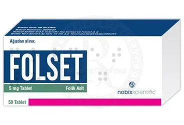 FOLSET 5 MG TABLET (50 TABLET) kutu fotoğrafı, tablet formunda vitamin b9 -folik asit içerir. Üretici: NOBİS SCİENTİFİC İLAÇ SANAYİ VE TİCARET ANONİM ŞİRKETİ.