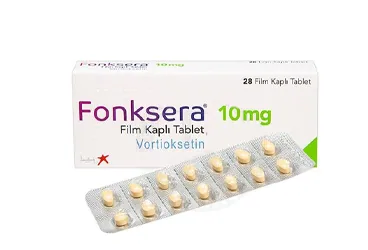 FONKSERA 10 MG 28 FILM KAPLI TABLET ambalajı, film kaplı tablet formunda vortioksetin içerir. Üretici: LUNDBECK İLAÇ TİC. LTD. ŞTİ.